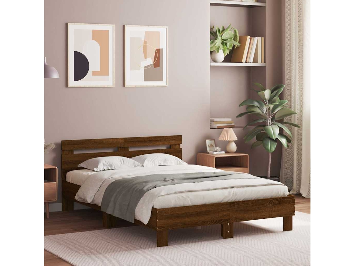 Vidaxl Estrutura Cama Cabeceira/luzes Led 135x190 Cm Carvalho Castanho