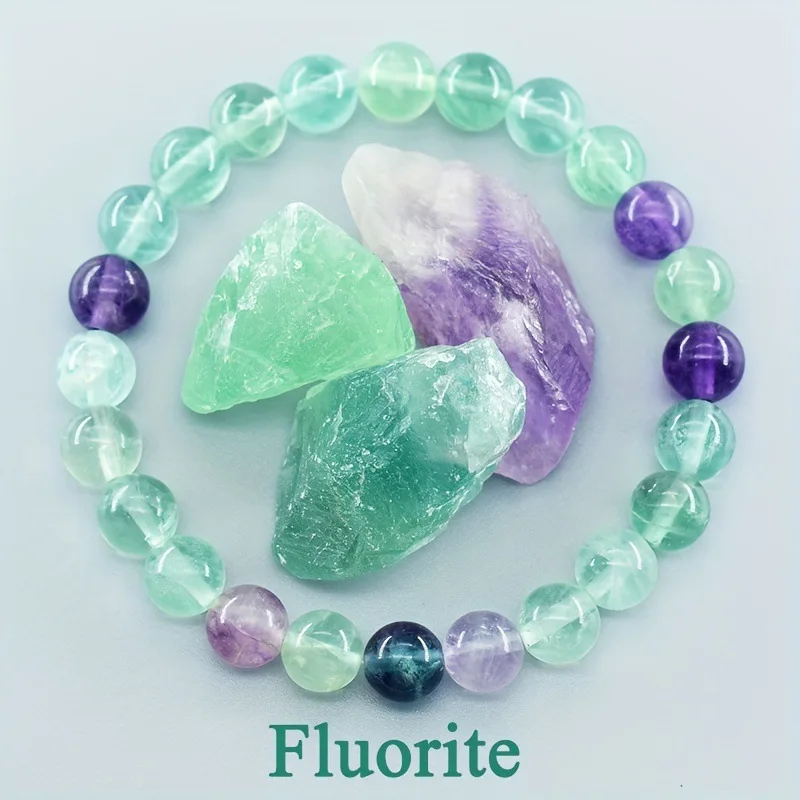 Pulseira De Contas De Fluorita Natural (17 Cm) Para Ioga, Reiki, Cura, Amuleto E Talismã Da Sorte.