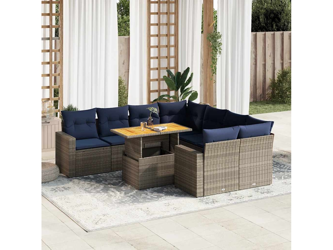 Vidaxl 9 Pcs Conjunto Sofás P/ Jardim Com Almofadões Vime Pe Cinzento