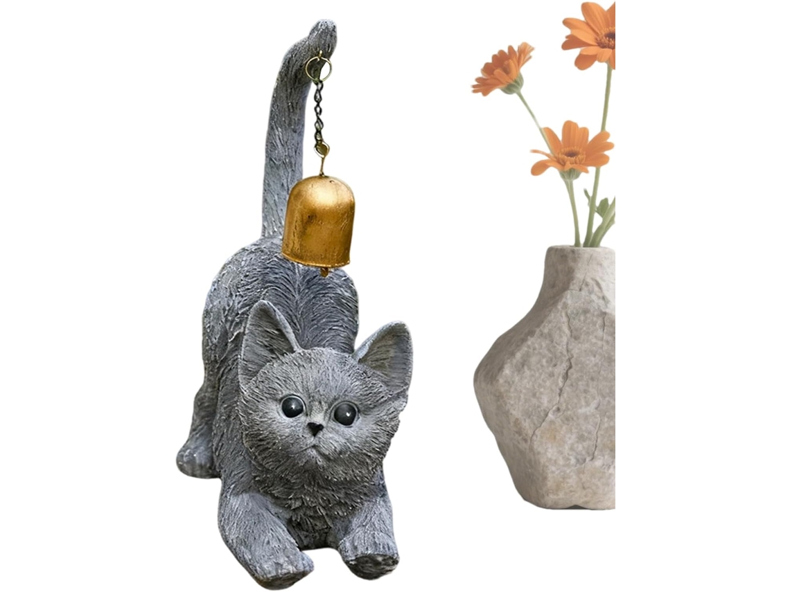 Estatueta De Gato Se Espreguiçando Em Resina Com Sino.