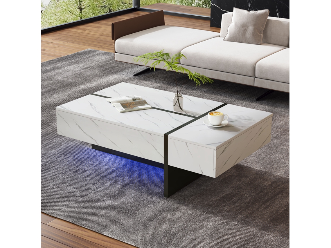 Mesa de centro moderna branca com iluminação LED e design irregular, também disponível em mármore claro, 105x60x35 cm, da PAPRIKA, para sala de estar.