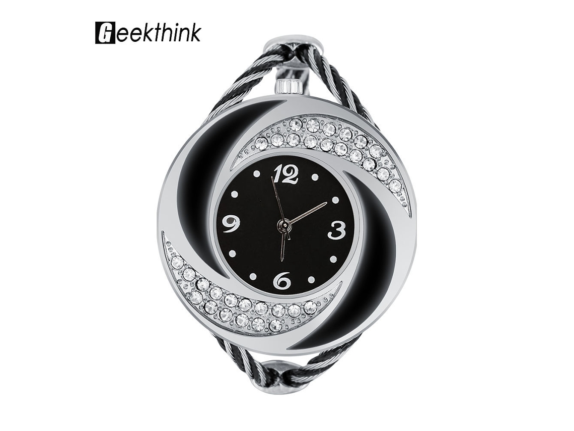Relógio Analogico de Quartzo Geekthink Pulseira Aberta Bangle Prata Preta com Pedras