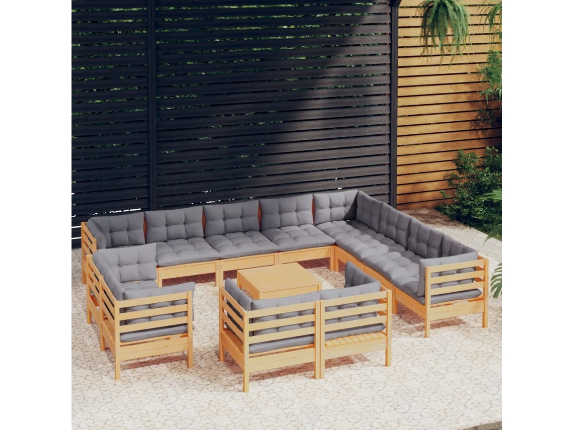 Vidaxl 13pcs Conjunto Lounge De Jardim + Almofadões Cinza Pinho Maciço