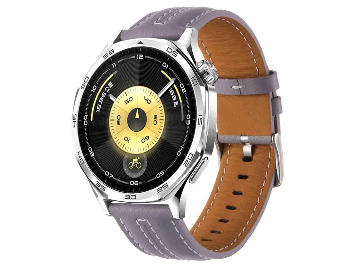 Bracelete Para Huawei Watch Gt 6 (46mm) - Couro - Costura Bicolor - Fivela Prateada (22mm) Roxa