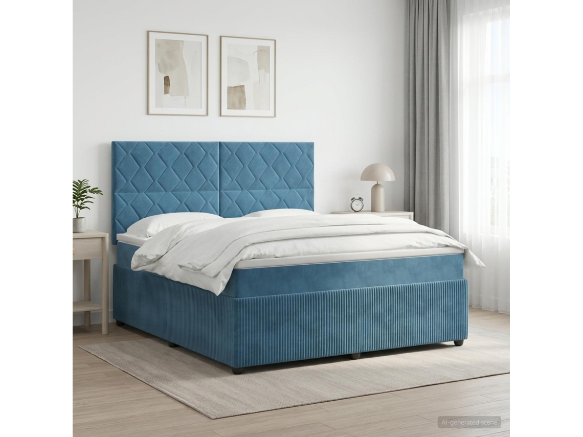 Vidaxl Cama Box Spring Com Colchão Azul 180 X 200 Cm Veludo