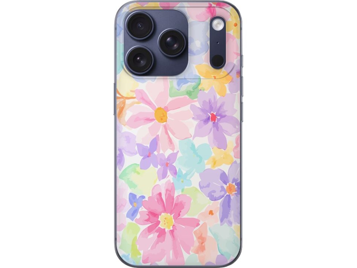 Capa Para Celular Compatível Com Apple Iphone 17 Pro. Estampa Aquarela Pintada À Mão Com Flores Coloridas Em Tons Pastel Suaves.