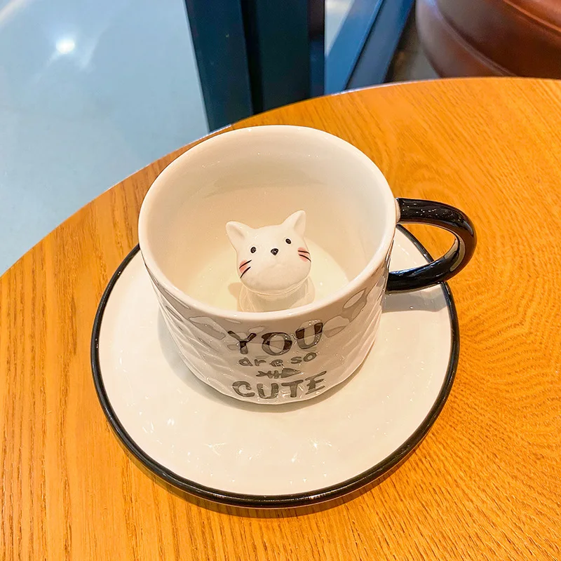 Caneca De Cerâmica Branca Com Estampa De Gato, Caneca De Café 3d Ecológica, Com Base, Capacidade De 220ml.