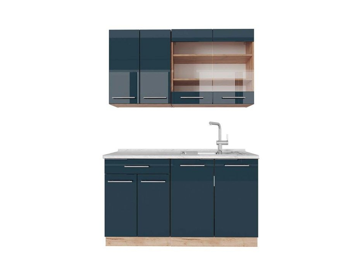 Cozinha Fame-Line, 140 cm, Mármore PT, azul escuro brilhante/carvalho dourado, VICCO