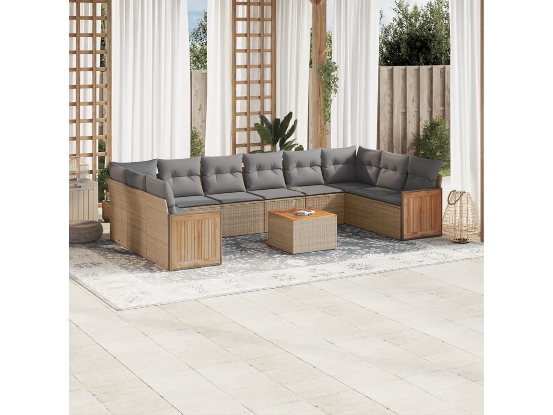 Vidaxl 11 Pcs Conjunto Sofás De Jardim C/ Almofadões Vime Pe Bege