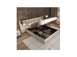 Cama Box 180x200 Cm Com Hidráulica, Usb, Carregamento Sem Fio, Luz Led, Armazenamento, Suporte De Ripas, Fácil Montagem, Linho, Cinza