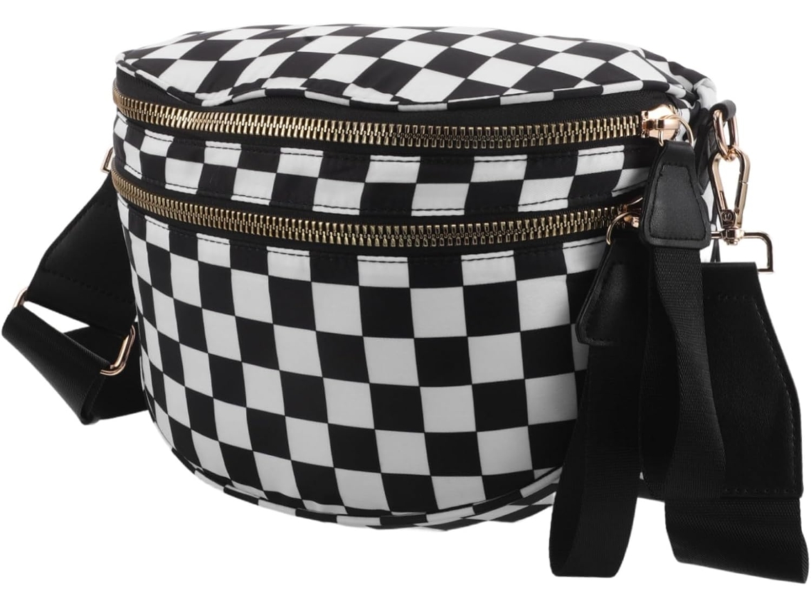 Pochete Feminina Xadrez, Bolsa De Ombro De Grande Capacidade, Estampa Xadrez Preta E Branca.