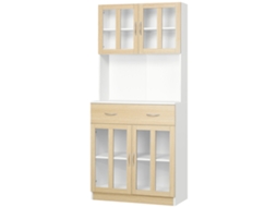 Despensa de cozinha com 4 portas de vidro, 80x40x180cm, branco e natural, prateleiras ajustáveis | S/MARCA