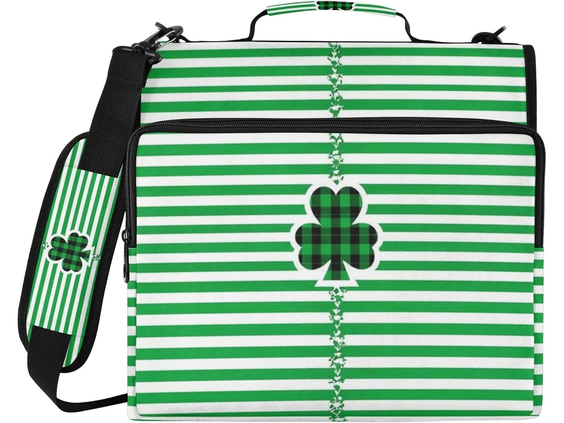 Pasta De 3 Argolas Green Clover 1, 5 Polegadas Com Fecho E Alça De Ombro, Com Vários Bolsos, Ideal Escola E
