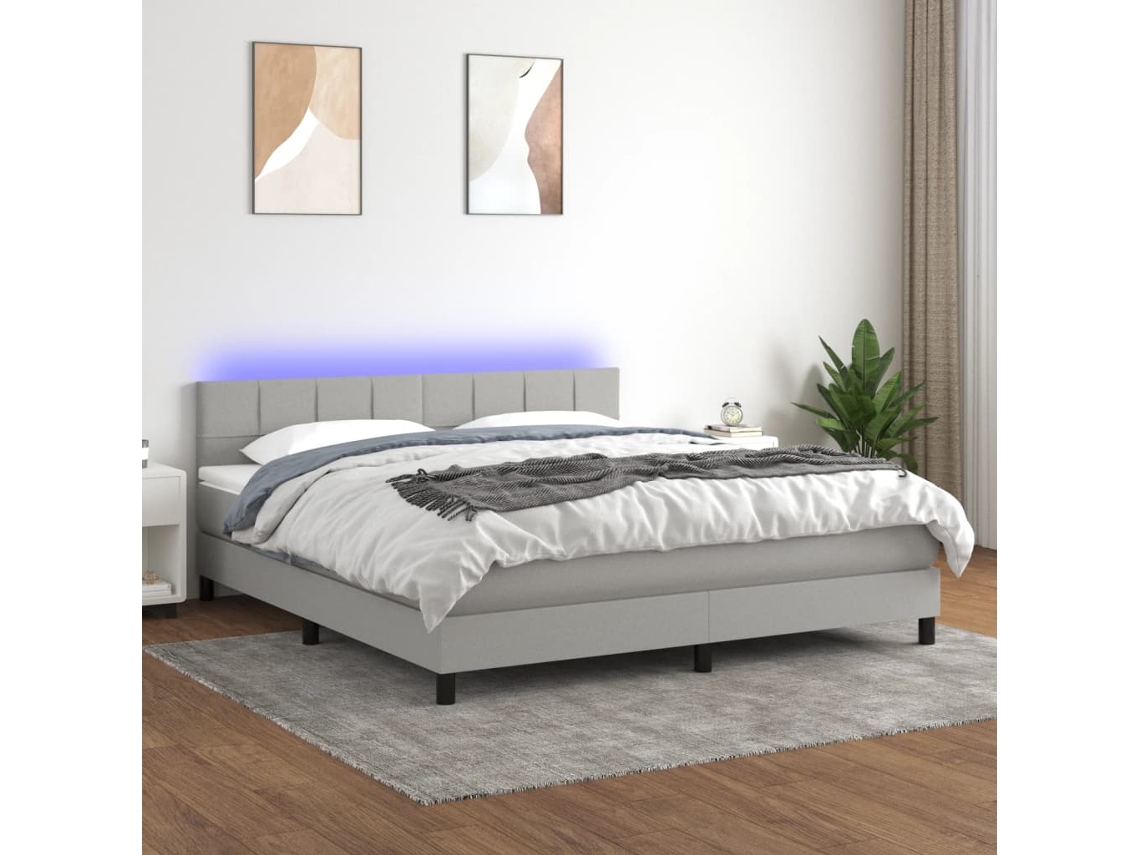 Vidaxl Cama Box Spring C/ Colchão E Led 180x200 Cm Tecido Cinza-claro