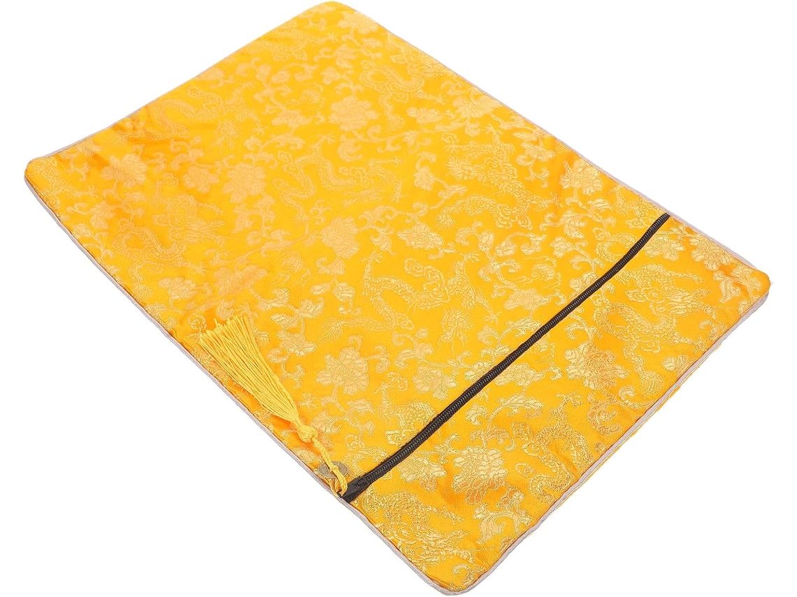 Bolsa para Bíblia Feminina em Brocado com Dupla Camada, Estampa de Dragão Amarelo, Tamanho 24x34 cm, Organizador