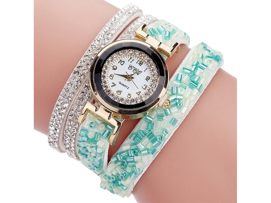 Relógio de Pulseira Feminino de Quartzo com Pulseira Multicamadas e Cristais Coloridos (branco)