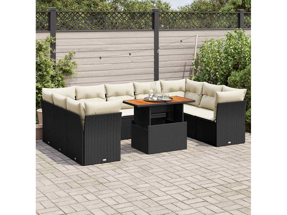 Vidaxl 10 Pcs Conjunto Sofás De Jardim C/ Almofadões Vime Pe Preto