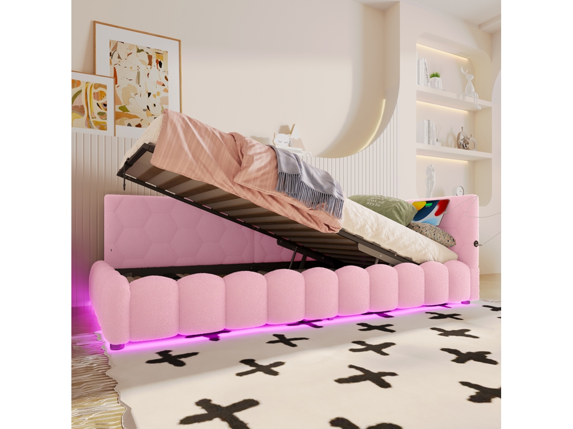 Sofá Cama Rosa Daybett 90x200cm Com Led Usb Typ-c Vliesimitat
