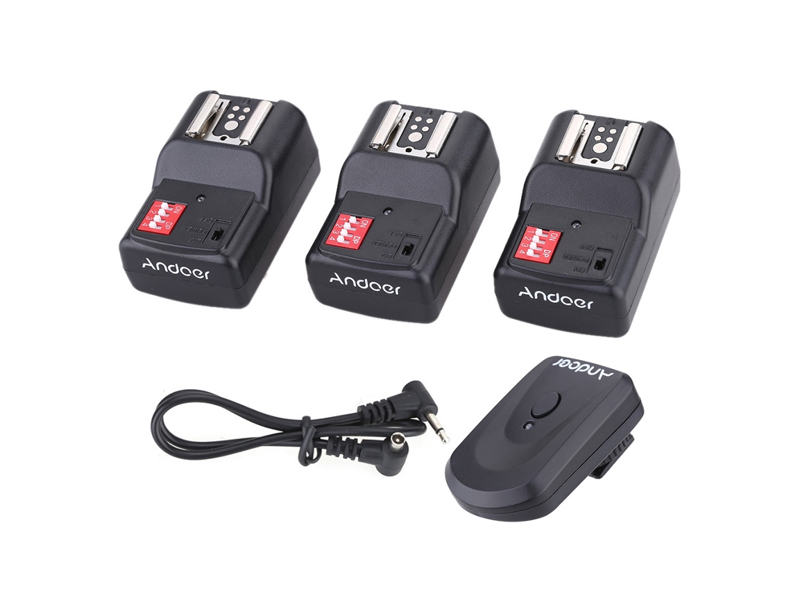 Trigger Sem Fio Andoer Pt-04gy 16 Canais 1 Transmissor + 3 Receptores Para Canon Nikon Pentax Olympus Speedlite