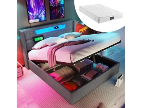 Cama Estofada, Cama De Casal Led Com Função De Carregamento Usb Tipo C E Iluminação Led, Camas Com Arrumação, Estrutura De Cama Em Material De Linho