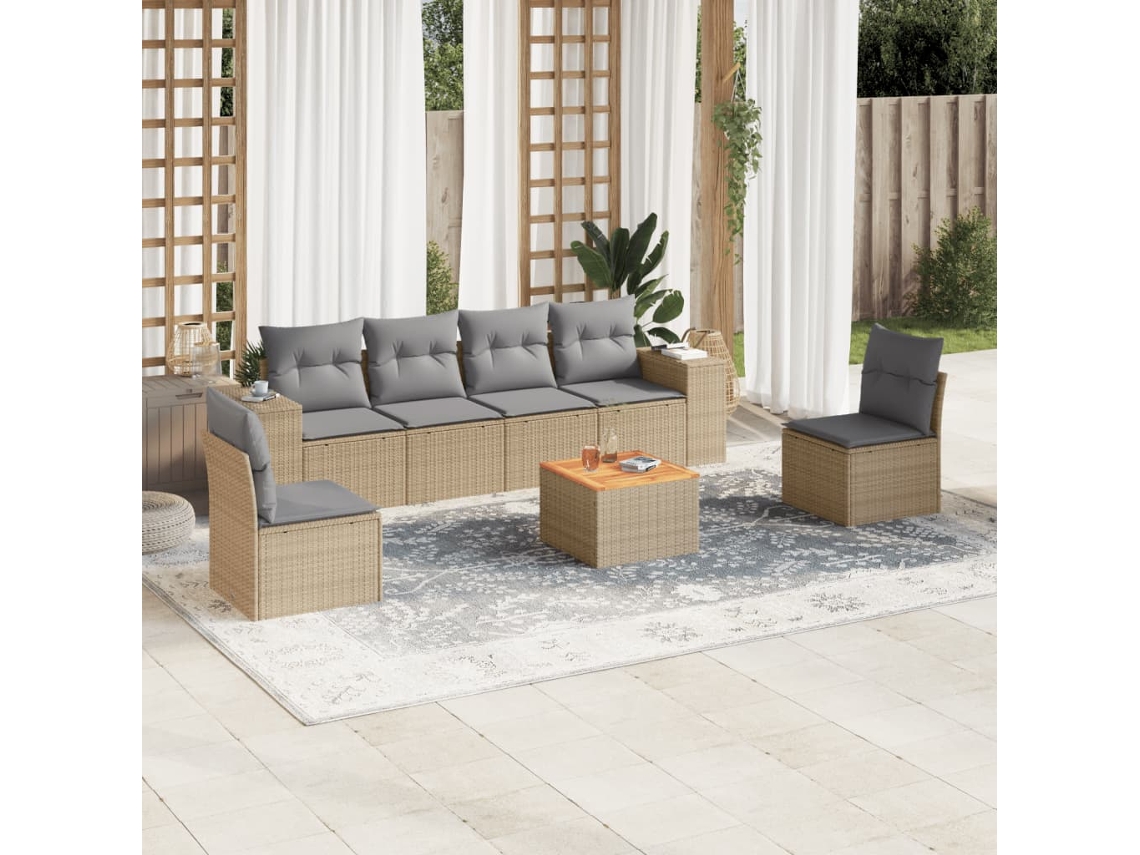 Vidaxl 7 Pcs Conjunto De Sofás P/ Jardim Com Almofadões Vime Pe Bege