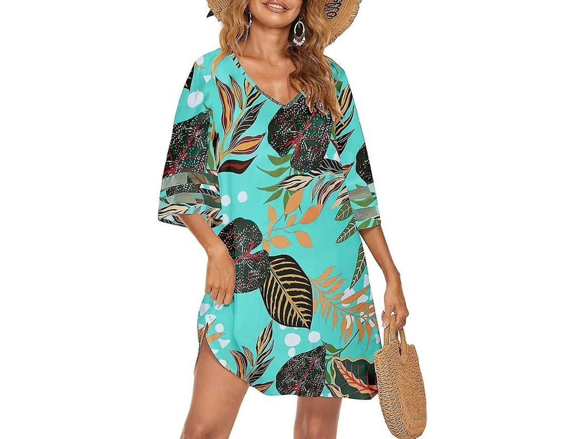 Camisola de Banho Feminina V neck Casual Solta Verão Traje de Banho Vestido de Praia L Floral4