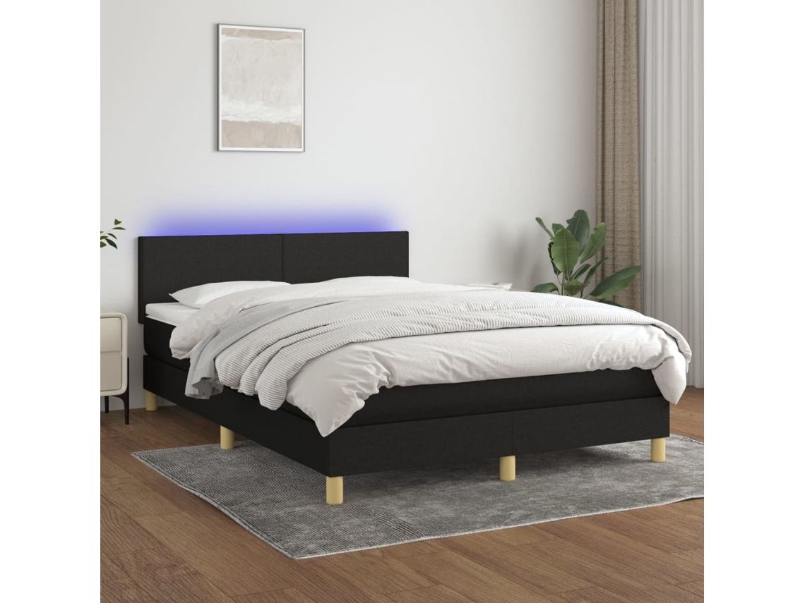 Vidaxl Cama Box Spring C/ Colchão E Led 140x190 Cm Tecido Preto