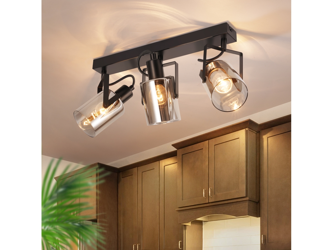 Nettlife Candeeiro De Teto Com Focos Preto 3 Luzes Reguláveis 350° Vidro E14 Para Interior, Para Sala, Quarto, Corredor E Cozinha, Em Casa