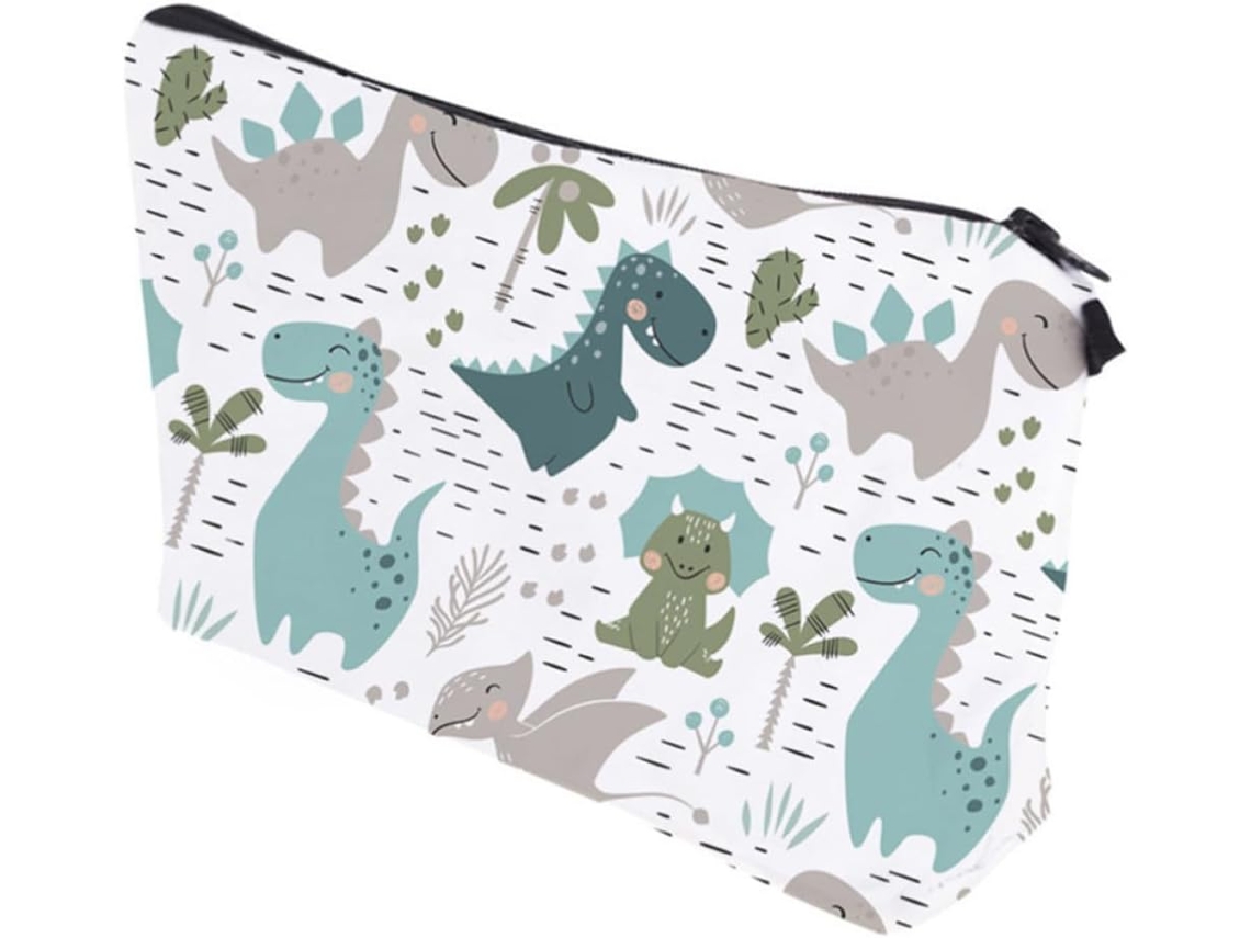 Bolsa portátil para maquiagem com estampa de dinossauro, multifuncional e com compartimentos para guardar maquiagem.