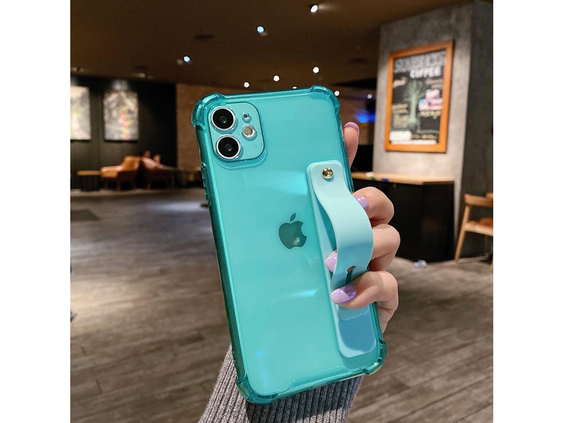 Capa Para Iphone 17 Pro Max Verde Transparente Fluorescente Com Alça De Pulso Simples E Macia, Anti-queda