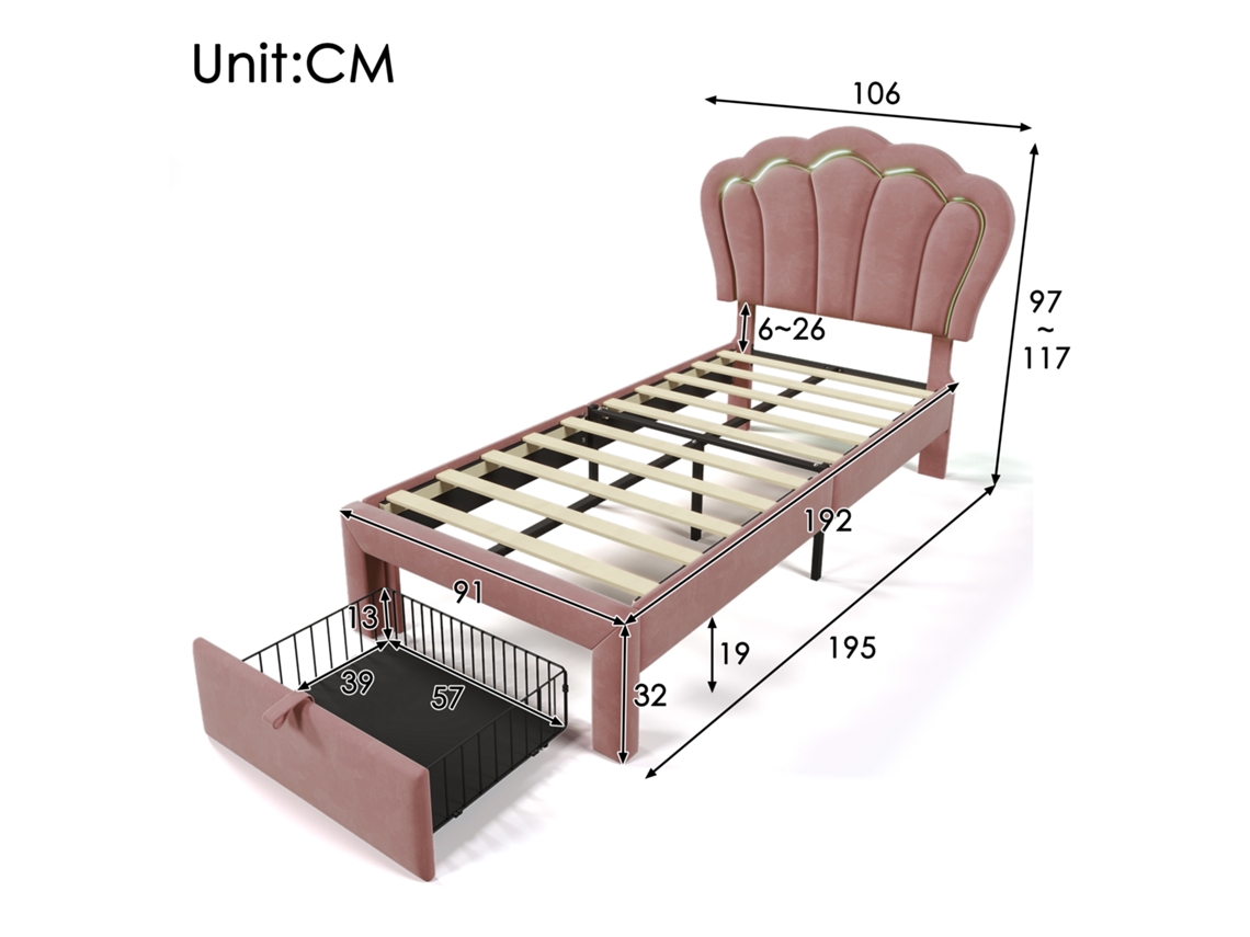 Cama Infantil Led 90x190 Cm Com Gavetas, Aplicativo, Estrutura Ajustável E Cabeceira Em Veludo Rosa