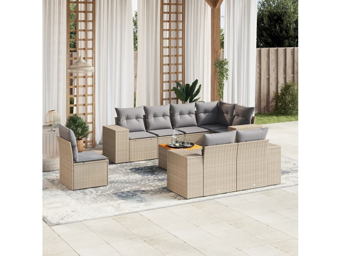 9 Pcs Conjunto De Sofás P/ Jardim Com Almofadões Vime Pe Bege Dkd Home Decor