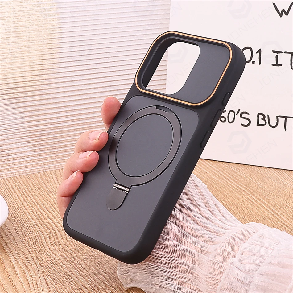 Capa Para Celular (iphone 13 Preto) Com Moldura Magnética Macia, Suporte De Anel De Metal, Cor Sólida