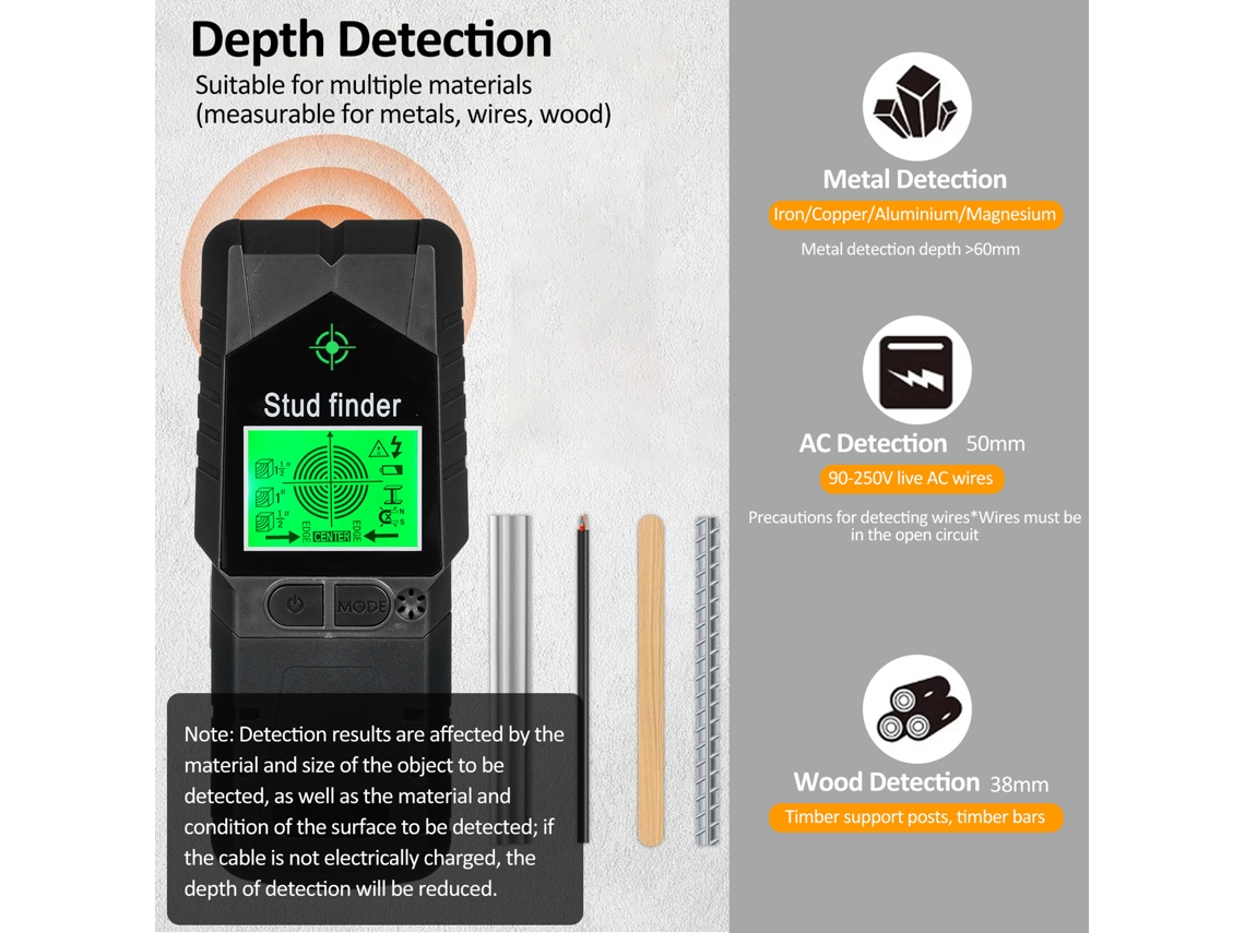 Yuru detector de Montantes 6 em 1 Scanner de Parede com Lcd e Alarme Áudio para Madeira Metal e Fios Ca