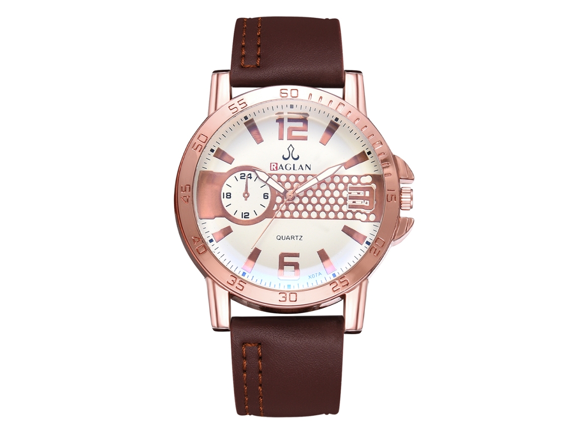 Relógio masculino moderno com pulseira de couro PU, mostrador com escala dupla, movimento de quartzo (marrom escuro)