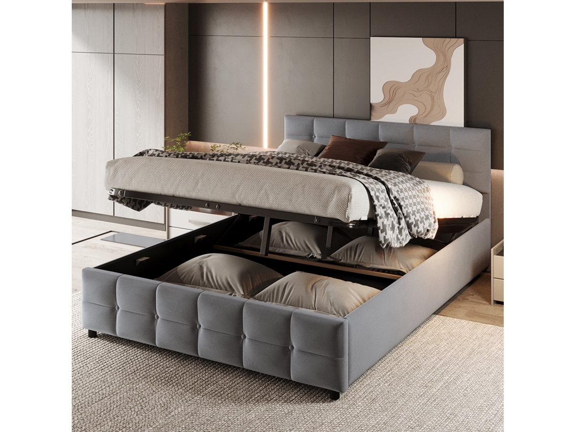 Cama Veludo 180x200 Com Hidráulico, Ripas E Acabamento Cinza