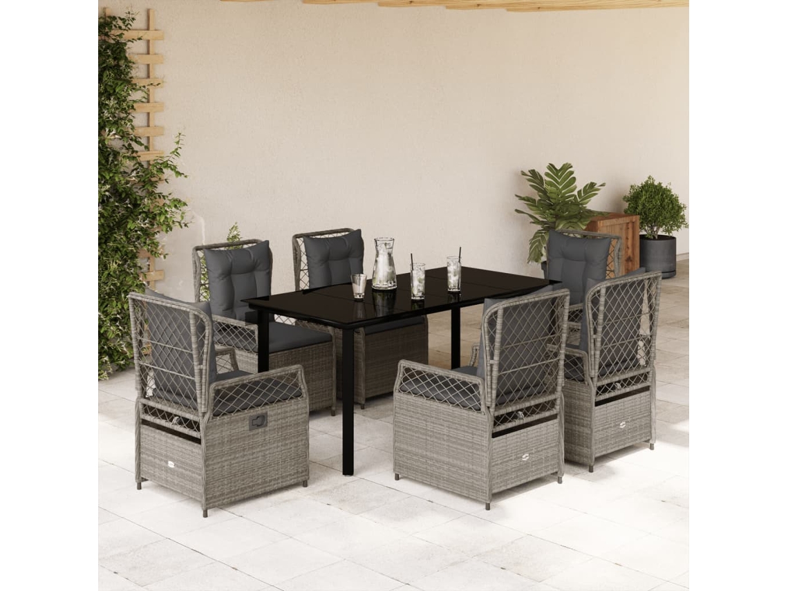 Conjunto 7 Peças Jantar P/ Jardim C/ Almofadões Vime Pe Cinza Claro Dkd Home Decor