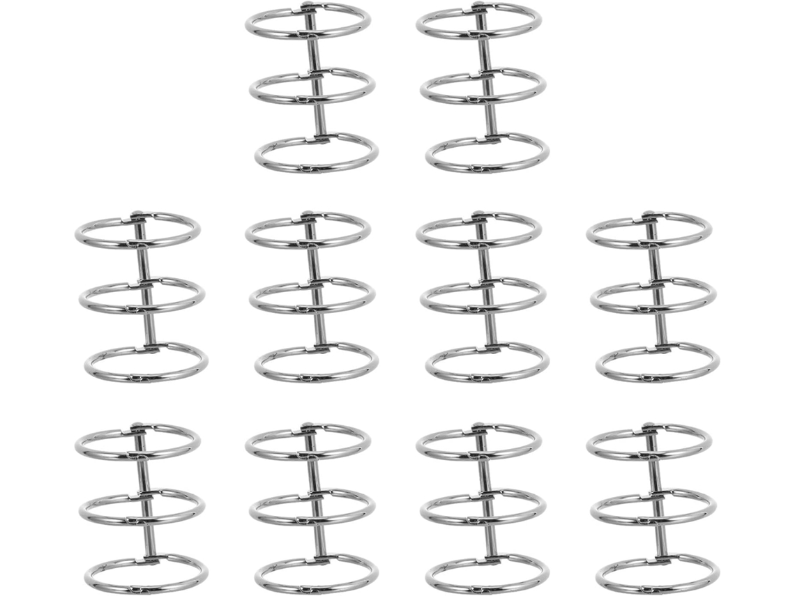 Anel metálico com 3 fios, 30 mm, niquelado, pacote com 10 unidades para encadernar e organizar folhas soltas.