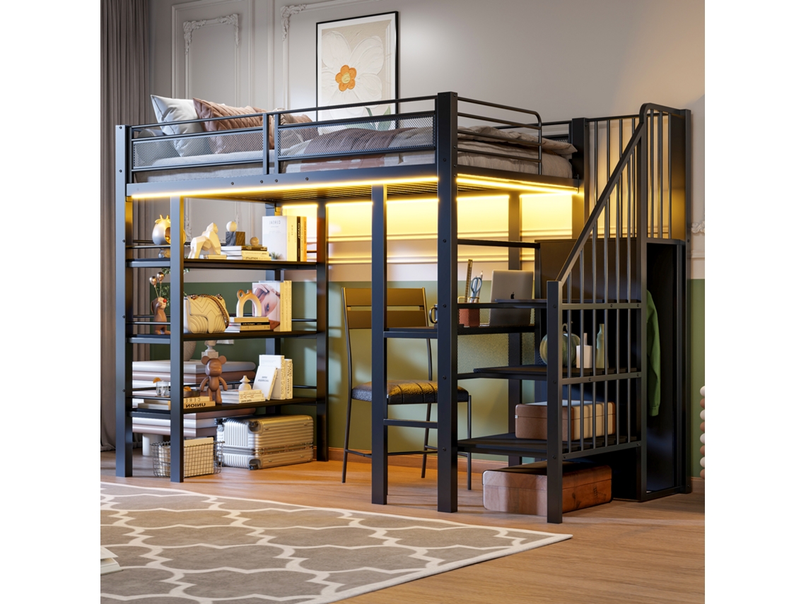 Cama Mezzano 90x200cm, Led, Soquete, Ferro Forjado, Armazenamento, Estante, Preta.-op