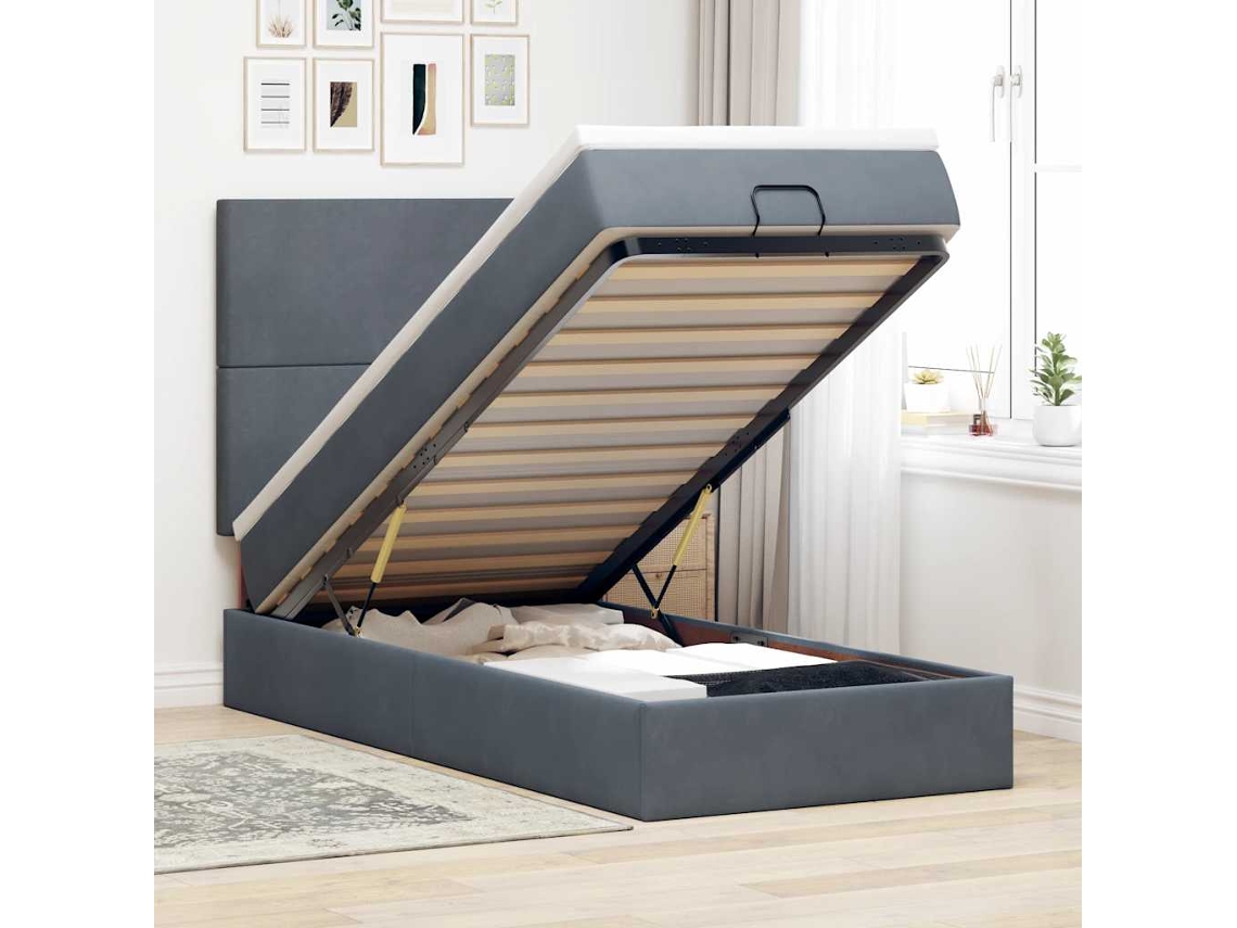 Estrutura Cama Otomana Colchões 80x200cm Veludo Cinzento Escuro