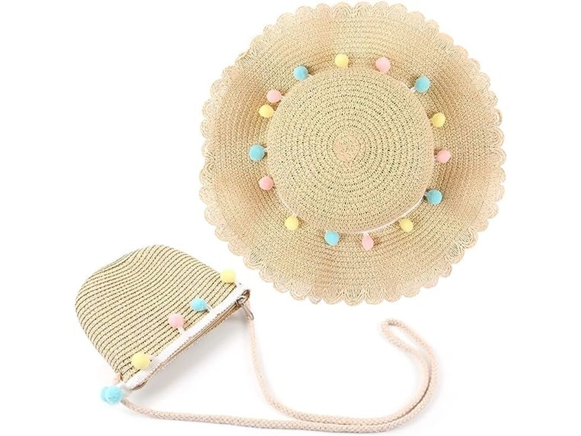 2026-set Sombrero De Paja Y Bolso Cruzado Para Niñas, Verano Playa, Sombrero Con Flores Y Mini Bolso