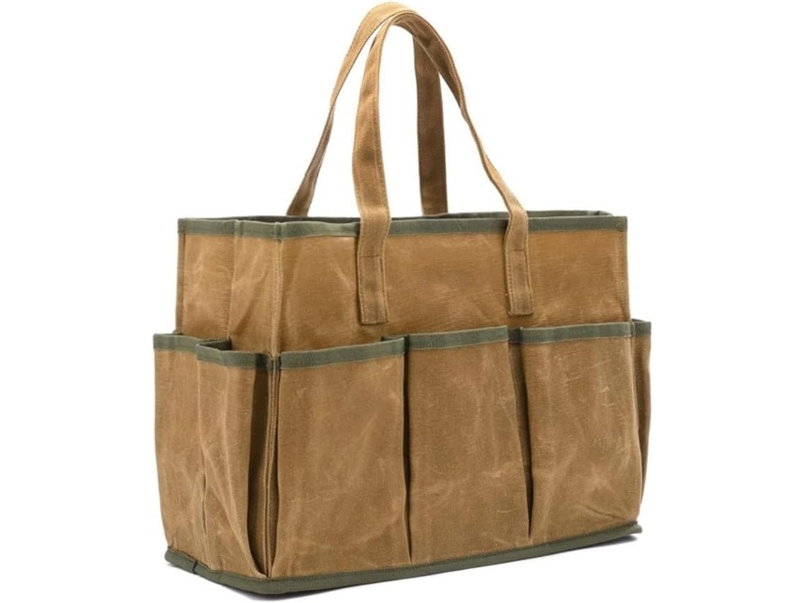 Bolsa de lona encerada com 10 compartimentos externos para jardineiros e equipamentos de manutenção não locais, cor cáqui.