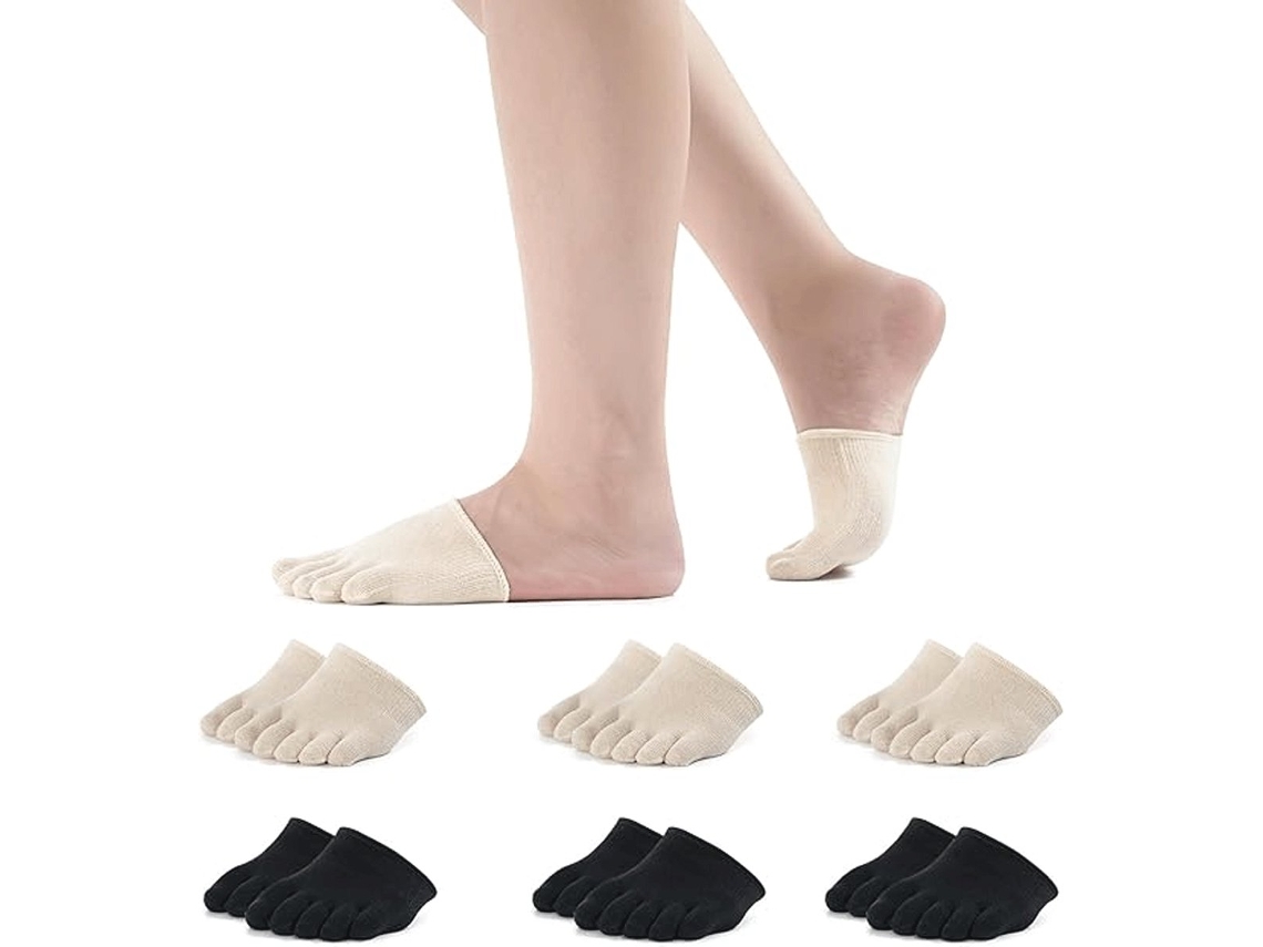 Meias com Dedos Separados 6 Pares, Algodão, Sem Costura, Respiráveis, para Ioga, Preto e Bege AQUAFORGE