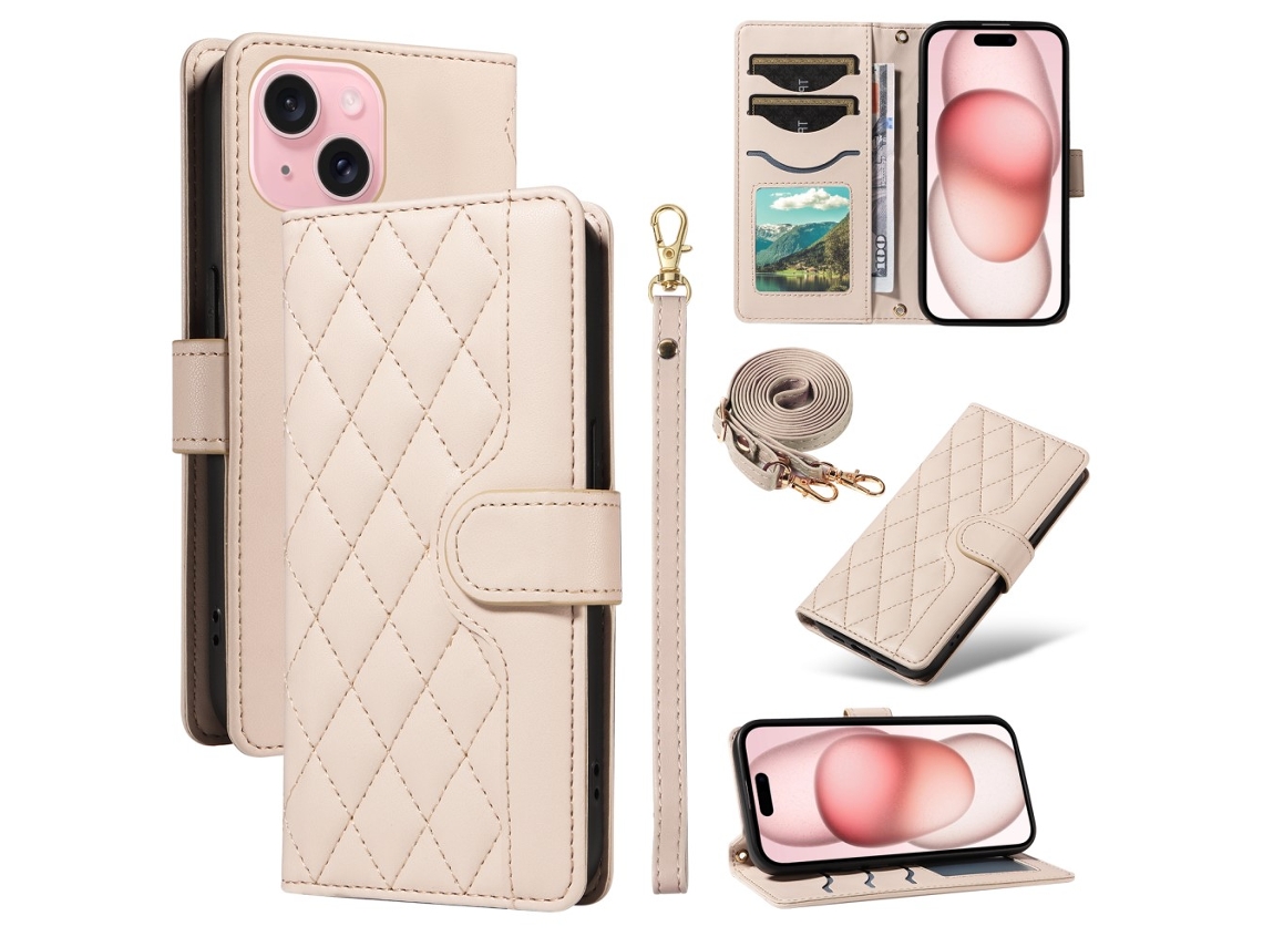 Capa Pega Para Iphone 15 Pele Sintética Com Porta-cartões Bege