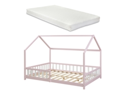Cama de Criança Hesel em Forma de Casa com Grelha e Colchão 140X200Cm Rosa [EN.CASA]