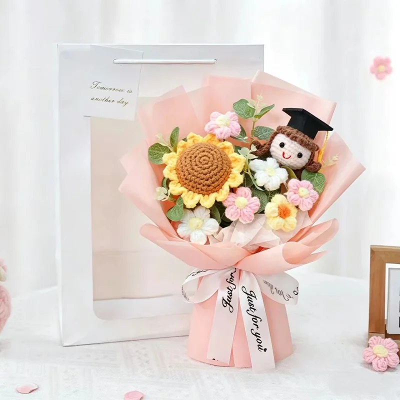 (rosa) Flores De Girassol Feitas À Mão Em Crochê, Combinadas Com Bonecas De Formatura, Presente De Flores Preservadas.