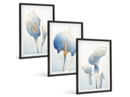 Pinturas Murais Modernas Flores Azuis Ao Fundo Moldura Preta Quadros Para A Sala De Estar Espelharte (3 Piezas De 40x60 Cm)