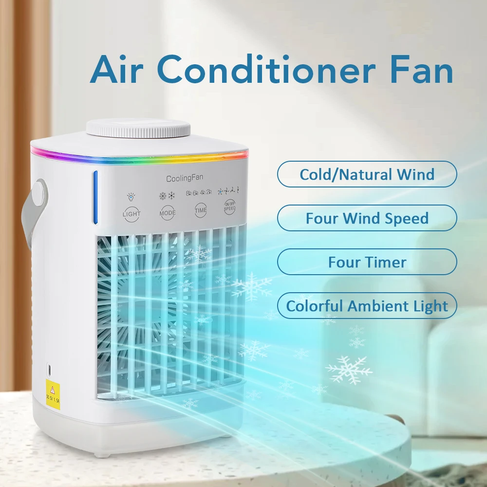 Resfriador de ar portátil, ventilador de mesa com temporizador, ideal para mesas de trabalho e residências.