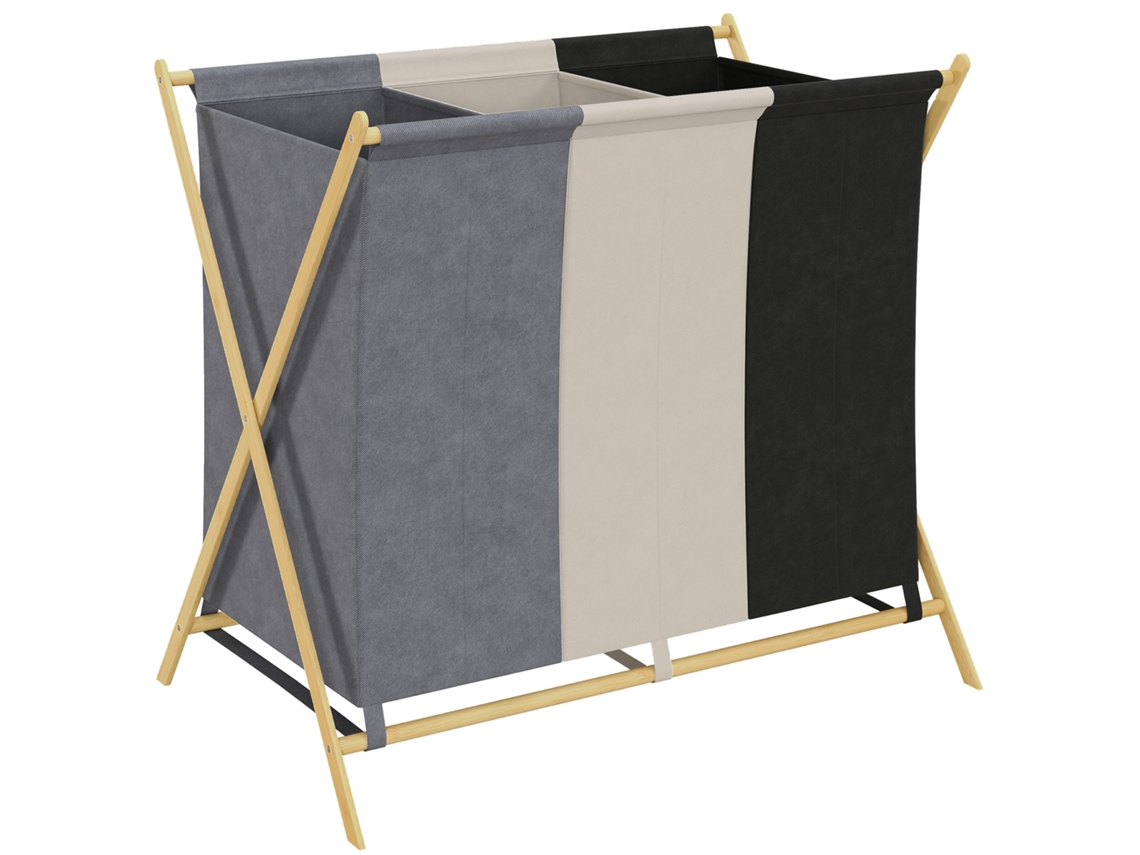 Cesto Portabiancheria Pieghevole 3 Scomparti,bambù e Tessuto Effetto Lino,75x48x67 Cm,multicolor BTFORUS