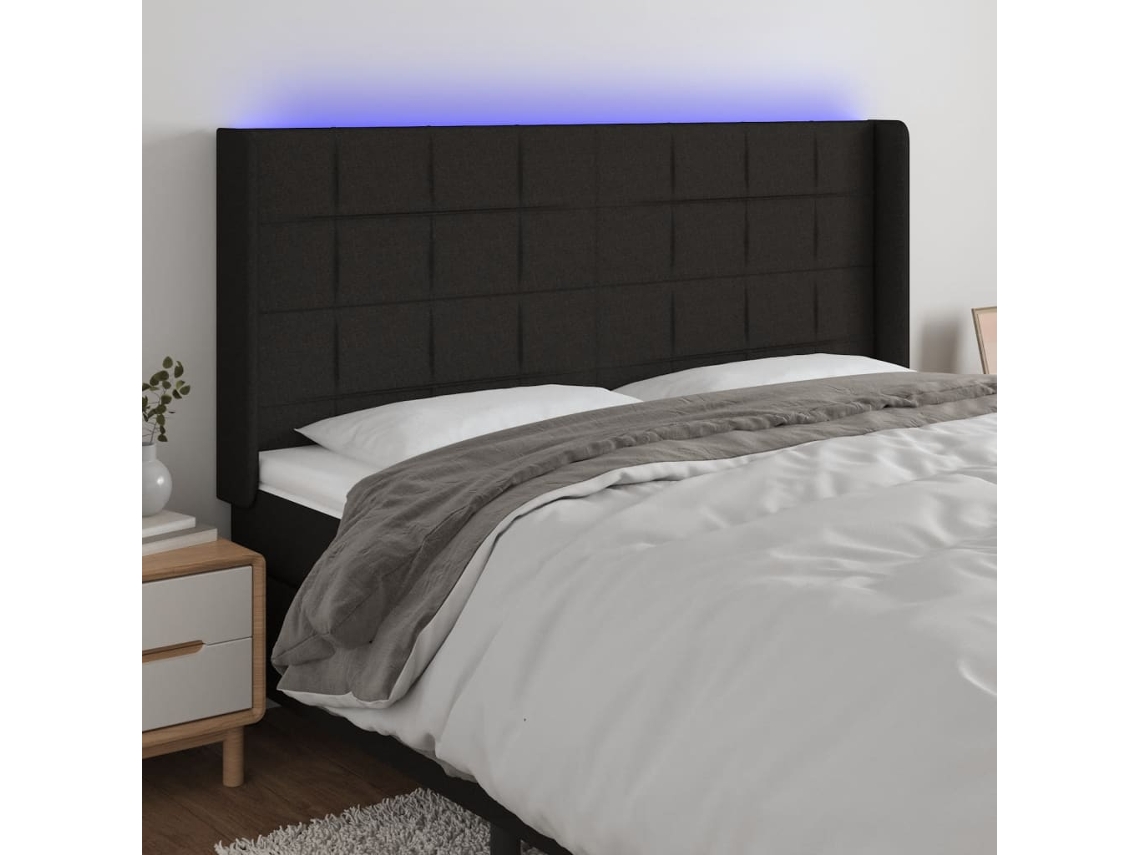 Cabecero con luces LED, tela, 203x16x118/128 cm, negro